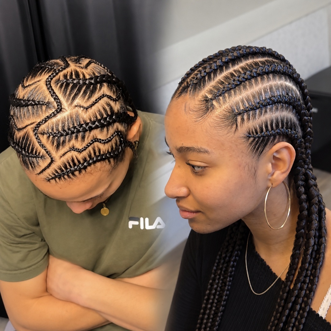 Twee klanten met een creatief cornrow-patroon en klassieke cornrows